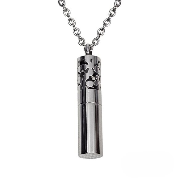 Silver Tone Stainless Steel Cylinder Floral Swirl Essential Oil Pendant Necklace - Picture 1 of 8
